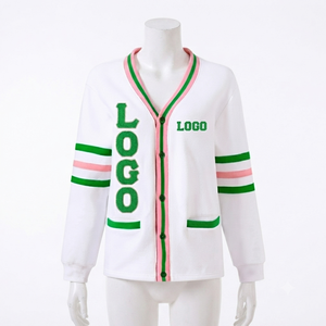 <b>Custom</b> White Fleece Cardigan Unisex Fit White Green Pink Button Front Premium Casual Varsity Style Greek Apparel - Product Image 4