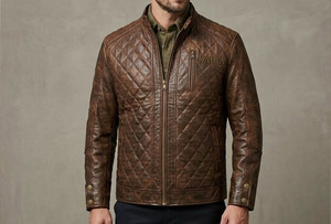 Veste en cuir marron matelassée en diamant pour homme Kadia, veste en cuir pour homme de haute qualité personnalisée - Product Image 4