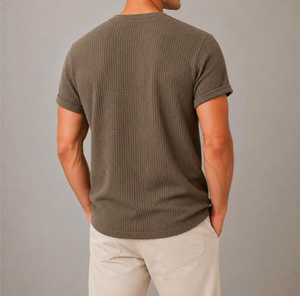 Camiseta de Manga Corta para Hombre, Cuello Redondo, Estilo Casual, Corte Regular, Tejido Waffle, Color Sólido - Product Image 4