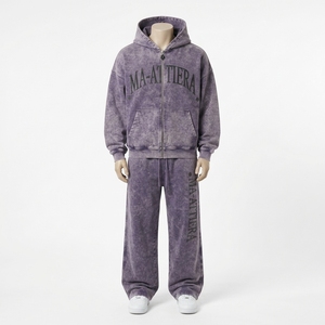 Men Acid Wash <b>Oversized</b> Zip Up Hoodie and Wide Leg <b>Sweatpants</b> Two Piece Tracksuit Set - Product Image 3