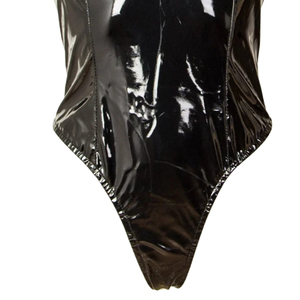 Women's Black PU Leather Halter Bodysuit With Chain Embroidery Hollow Out Sexy Lingerie Bustier Corset Top - Product Image 3