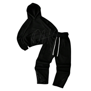 Customized Solid Black Unisex <b>Oversized</b> Hoodie <b>Jogger</b> Set Custom Logo Cotton Tracksuit Casual Streetwear Two Piece Sweat Suit - Product Image 1