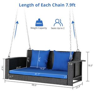 Sedia a dondolo da giardino in rattan nero da 49 pollici con cuscino blu per uso esterno - Product Image 3