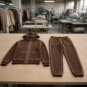 Brown Heavyweight Oversized Tracksuit Women Unisex Zip Hoodie Jogger <b>Pants</b> <b>Plaid</b> Washed Streetwear Winter Casual 100% Cotton - Product Image 3