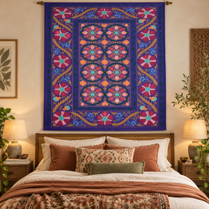 Couvre-lit en coton Suzani fait main exclusif, broderie florale violette rose aqua, style bohème ethnique indien, décoration de la maison - Product Image 5