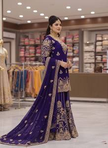 <b>Women's</b> Purple Embroidered <b>Kurta</b> Set With Gold Trim Floor-Length Traditional Indian Pakistani Wear All Seasons - Product Image 4