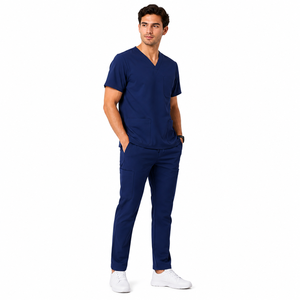 Conjunto de Uniformes Médicos Personalizados para Hombre, 100% Algodón, Tela de Lana Peinada, Azul Marino, Cuello en V, Uniforme de Hospital, Manga Corta, Ropa de Trabajo para Médico y Enfermero - Product Image 3