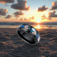 Cincin Tungsten Karbida Hitam dengan Opal Biru Hancur dan Inlay Daun Emas, Cincin Kawin Kubah 8mm, Perhiasan Mewah Galaxy Grosir