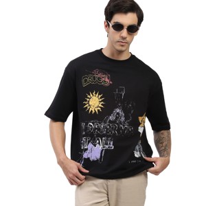 Camiseta Negra de Cuello Redondo y Manga Corta para Hombre con Estampado Gráfico, Estilo Urbano, Corte Regular, Jersey de Algodón - Product Image 1