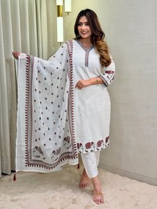<b>Women</b>’s Premium Khadi Cotton Embroidered <b>Suit</b> Set with Pant & Printed Cotton Linen Dupatta | Fully Stitched <b>3</b> <b>Piece</b> Ethnic Wear - Product Image 1