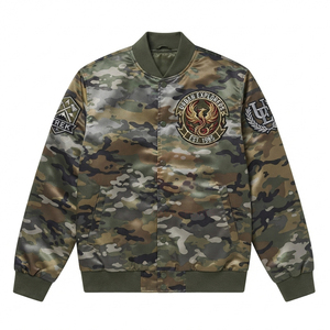 Blouson Bomber Universitaire Personnalisé en Satin avec Broderie Frontale, Motifs Camouflage et Patchwork, pour Équipes Collégiales, Unisexe - Product Image 3