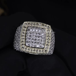 Sterling Silver Iced Square Halo Hip Hop <b>Ring</b> Micro Pave Moissanite Engagement Wedding Wide Half Pave Setting Gift <b>for</b> <b>Men</b> - Product Image 1