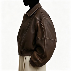 Brown PU <b>Leather</b> Bomber <b>Jacket</b> Turn-down Collar Zipper Closure Short Length Unisex Moto Style Autumn Wear - Product Image 2