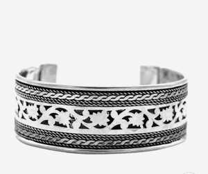 Floral Embosed Silver Oxidized Cuff <b>Bracelet</b> With Flower Pattern Antique Silver Plated Unisex Jewelry floral Silver <b>Bracelet</b> - Product Image 4