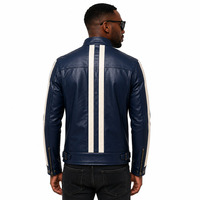 Herrenjacke aus echtem Leder in Marineblau mit individuellem Logo, weißen Rennstreifen, Retro-Motorrad-Stil, schmal geschnitten, Bikerjacke.