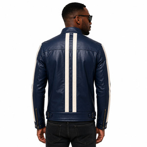 Veste de motard en cuir véritable bleu marine pour homme avec logo personnalisé, bandes de course blanches, style rétro, coupe ajustée - Product Image 4
