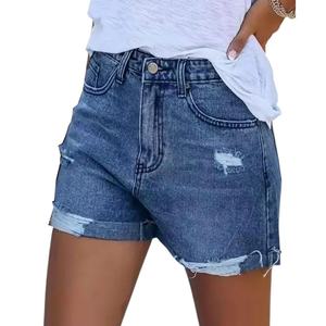 Short taille haute d'été pour femmes vente directe d'usine lâche cylindre droit jambe large bord roulé porté bleu noir coton - Product Image 1
