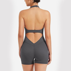 Built up Shelf Bra Yoga Jumpsuit Halter Women Nylon Spandex Blend One Piece Bodysuit Sleeveless Shorts Wireless Support - Product Image 4