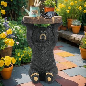 Tavolino/Sgabello a Piedistallo Orso Nero Dipinto a Mano in MGO, Statua Scultura per Casa, Ufficio e Esterni - Tavolino Laterale Orso Nero - Product Image 2