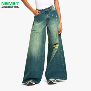 Premium Women High Waist Wide Leg Ripped Denim Jeans Blue Distressed Baggy Trousers For Casual Streetwear And Everyday Fashion - Product Image 1