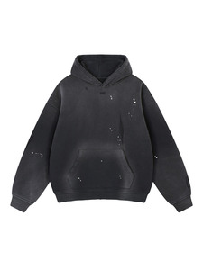 Sudadera con capucha unisex extragrande negra de felpa francesa de poliéster/algodón, antiencogimiento, estilo holgado, con efecto pintura salpicada y bolsillo canguro. - Product Image 1