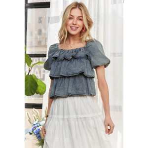 Blusa de Mezclilla Lavada con Volantes en Capas para Mujer ADORA, Tops Cómodos con Diseño Elegante, Talla S, 504g - Product Image 1