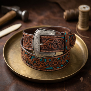 Ceinture en cuir western pour homme, sur mesure, avec motif floral turquoise en relief, boucle en laiton gravée argent mat - Product Image 5