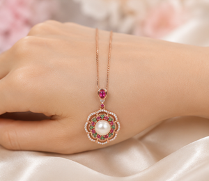 Collier de luxe en argent sterling 925 plaqué or rose avec pendentif fleur en perle et pierres multicolores en zircon cubique pour femme, bijoux raffinés - Product Image 2