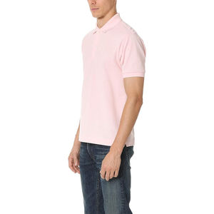 Men's Pink Short Sleeve Cotton Pique Polo Shirt Solid Color Casual Regular Fit Button Down Knitted Fabric - Product Image 2