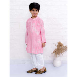 Conjunto de Kurta de Manga Larga con Rayas y Pantalón Dhoti para Niños, Color Rosa Bebé y Blanco, Poliéster - para Lehenga Choli, Choli, Salwar Kameez, Saree, Traje - Product Image 5