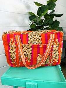Sac fourre-tout décontracté bleu à carreaux avec appliqué léopard, en toile, bandoulière, grande capacité, sac de plage pour femme - Product Image 5