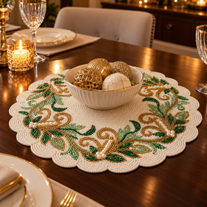 Scalloped Floral Glass Beaded <b>Placemat</b> Botanical Leaf Table Mat <b>Gold</b> Scroll Pearl Accent Dining Decor Wedding Party | Chic Style - Product Image 2