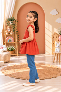 Haut d'été pour filles à col mandarin, tissé, coupe ample, à volants, imprimé, sans manches, style chemisier à volants, design simple, pour la vie quotidienne - Product Image 2