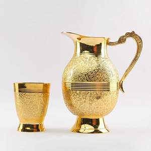 Brass Jug Pitcher Designer Embossed Mughal Style Gold Finished Water Serving Vintage <b>Drinkware</b> Decorative Tableware for Home - Product Image 2