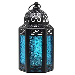 Hand Crafted Metal <b>Lantern</b> Set Hexagonal Shape Orange Glass Panel Ornate Perforated Frame Hanging Loop <b>Candle</b> Warm Glow Ambient - Product Image 6