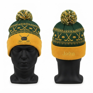 TAISON SPORTS Premium 300 GSM Wool Knit Ice Hockey <b>Beanie</b> Cap <b>Green</b> Gold Pom Pom Cuff Embroidery Custom Logo Unisex Adults Warm - Product Image 1
