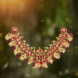24K Gold Plated <b>Ruby</b> Jadau Bridal <b>Necklace</b> Set with Zircon Earrings - Product Image 3