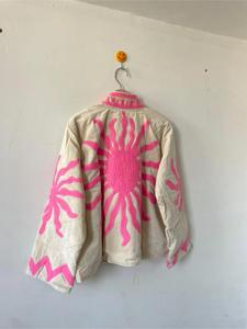 bohemian White <b>Velvet</b> Suzani <b>Jacket</b> With Pink Sun Embroidery Pattern Full Sleeve Stand Collar Bohemian <b>Women's</b> Autumn Outerwear - Product Image 5