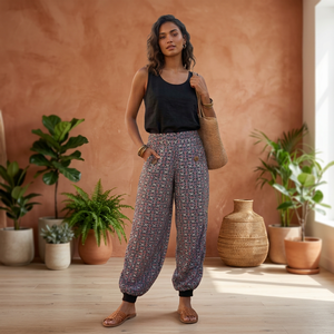 Women's High Waist Flat Harem Pants 100% Cotton Eco-Friendly Breathable Loose Fit Ankle Length <b>Elastic</b> Waist Printed Summer - Product Image 3