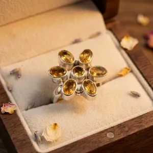 Élégante bague en argent sterling 925 avec grappe de pierres multicolores en citrine, bijou de cocktail fait main en pierres précieuses dorées pour femme - Product Image 3