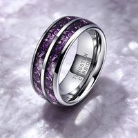 Bague classique en carbure de tungstène noir avec incrustation double rangée d'opale violette, design confortable pour homme et femme, idéale pour les mariages