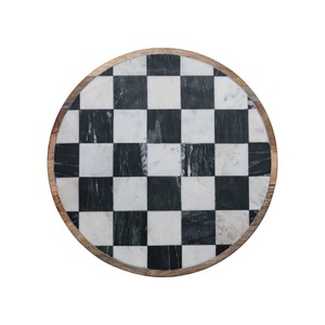 Round Checkered Wood Decorative Tray Rustic Design Handcrafted Marble Inlay Surface For Kitchen Countertop And Dining Table Use - Product Image 2