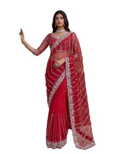 Sari rouge en filet avec broderie argentée et perles, tenue de soirée de mariage, sari traditionnel Bollywood pour femmes, longueur au sol, séchage rapide - Product Image 3