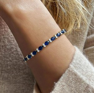 Pear Cut Lab Grown Blue Sapphire Stone Gold Plated 925 Sterling <b>Silver</b> Luxury <b>Charm</b> Bracelet - Product Image 4