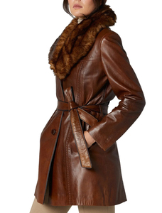 Abrigo Largo de Piel Sintética PU para Mujer, Tallas Grandes, Diseño OEM Personalizado, Chaqueta Sólida de Moda con Cinturón y Cuello de Piel de Oveja Sintética - Product Image 2