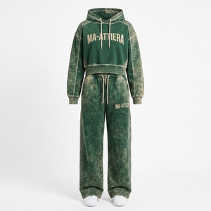 Ensemble survêtement streetwear personnalisé pour femme, comprenant un sweat à capuche court et un pantalon de jogging, en molleton de coton vert délavé, OEM, vente en gros - Product Image 4