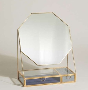 Gold Metal and Glass Vanity <b>Mirror</b> with Jewelry Organizer Base and Two Drawers Available in Round and <b>Octagonal</b> <b>Mirror</b> Styles - Product Image 1