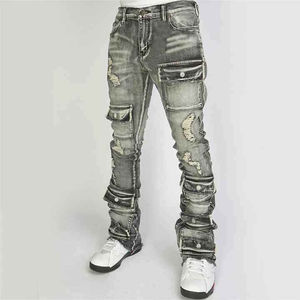 Vaqueros de mezclilla para hombre de cintura alta, corte recto, con efecto desgastado, 100% algodón, transpirables, de peso pesado, teñidos en prenda, ajuste cómodo - Product Image 6