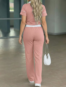 Women's Pink 2-Piece Casual Set Short Sleeve Polo Top With Drawstring Pants Solid Color Breathable Knitted Daily Wear Spring Sum - Product Image 4