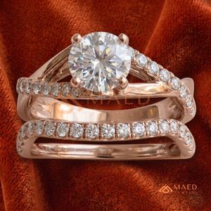 Elegant Rose <b>Gold</b> Bridal <b>Set</b> - Geometric Criss-Cross Halo <b>Ring</b> & Curved Eternity Band - 2-in-1 Romantic Wedding <b>Ring</b> <b>Set</b> - Product Image 1